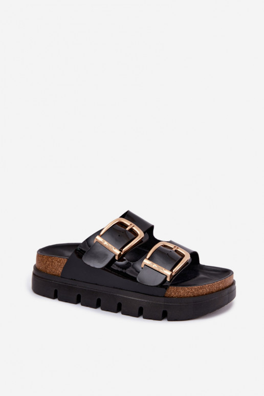 Gold women's patent platform slippers with buckles Lee Cooper LCIN-26-35-4459L