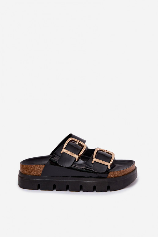 Aukso spalvos moteriškos lakuotos šlepetės ant platformos su sagtimis Lee Cooper LCIN-26-35-4459L