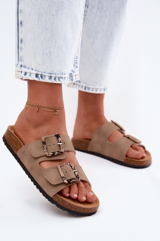 Khaki women's slippers with buckles Lee Cooper LCIN-26-35-4451L