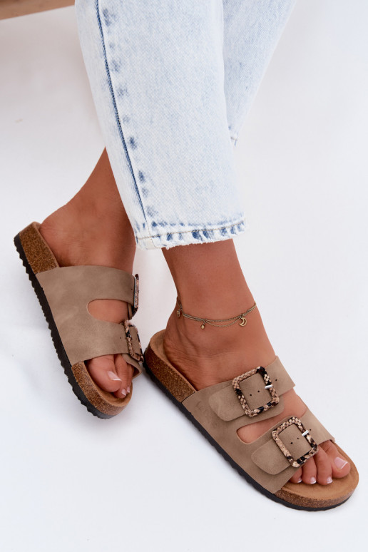 Khaki women's slippers with buckles Lee Cooper LCIN-26-35-4451L
