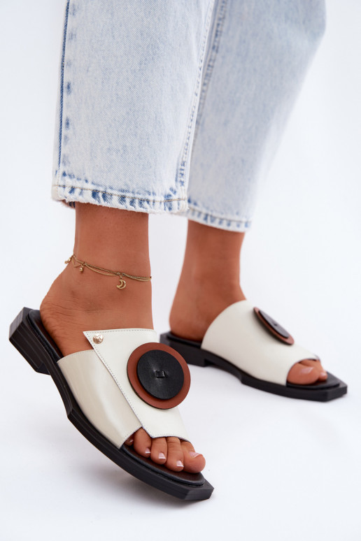 Leather Women's Geometric Slides Maciejka K7479-01 Beige and Black