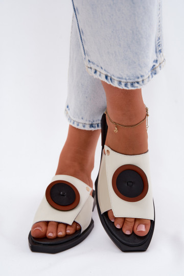 Leather Women's Geometric Slides Maciejka K7479-01 Beige and Black 2