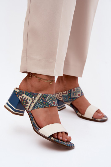 Leather Patterned Women's Heeled Sandals Maciejka K7522-04 Beige and Blue