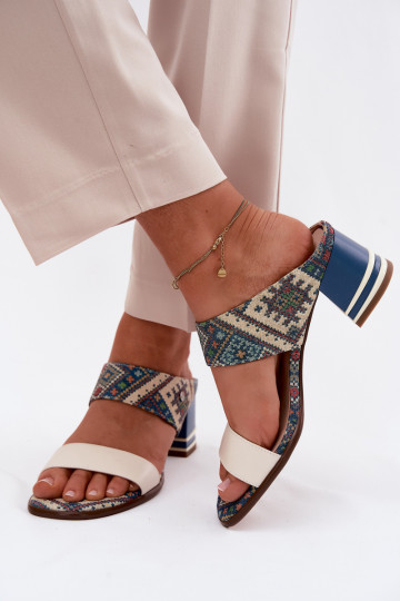 Leather Patterned Women's Heeled Sandals Maciejka K7522-04 Beige and Blue 2