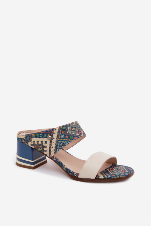 Leather Patterned Women's Heeled Sandals Maciejka K7522-04 Beige and Blue