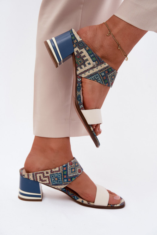 Leather Patterned Women's Heeled Sandals Maciejka K7522-04 Beige and Blue