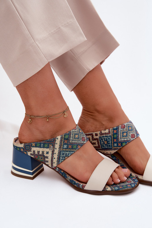 Leather Patterned Women's Heeled Sandals Maciejka K7522-04 Beige and Blue