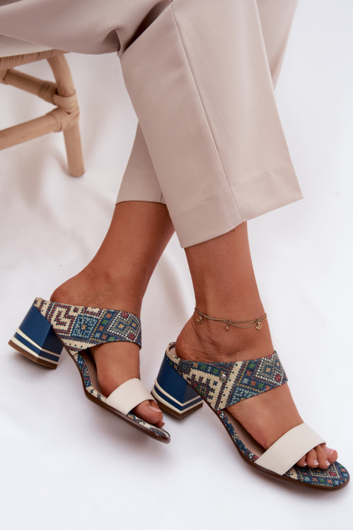 Leather Patterned Women's Heeled Sandals Maciejka K7522-04 Beige and Blue