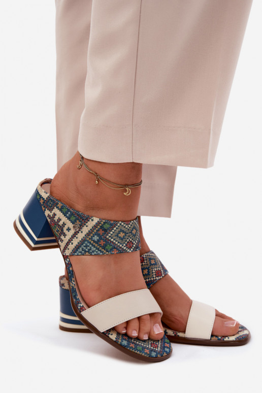Leather Patterned Women's Heeled Sandals Maciejka K7522-04 Beige and Blue