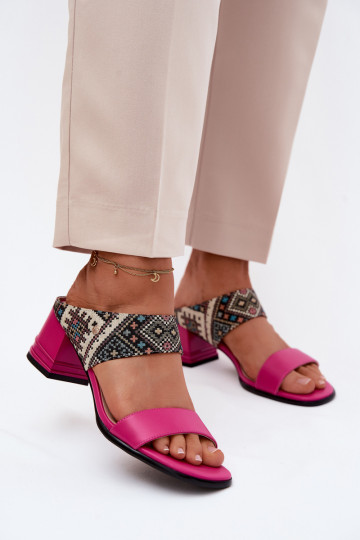 Leather Patterned Women's Heeled Sandals Maciejka K7522-15 Fuchsia