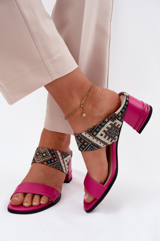 Leather Patterned Women's Heeled Sandals Maciejka K7522-15 Fuchsia