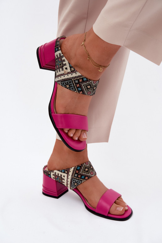 Leather Patterned Women's Heeled Sandals Maciejka K7522-15 Fuchsia