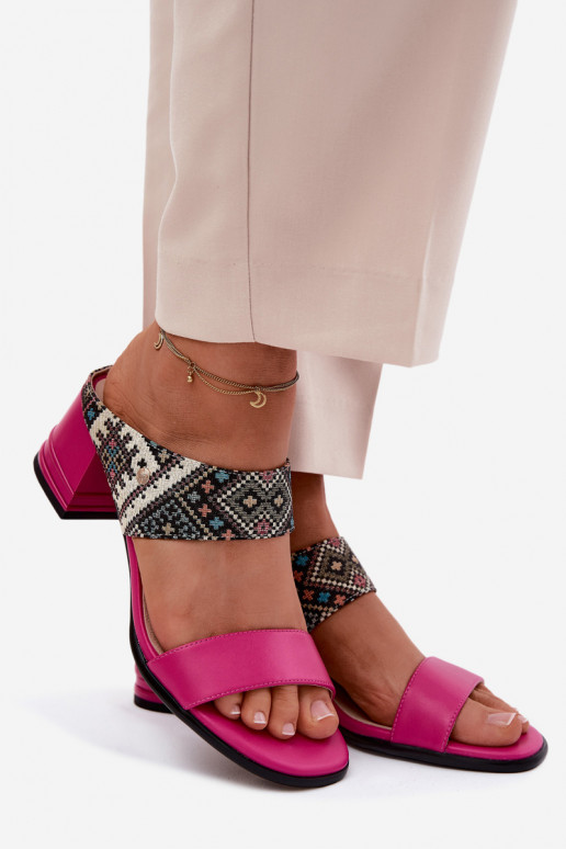 Leather Patterned Women's Heeled Sandals Maciejka K7522-15 Fuchsia