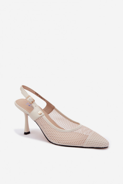 Leather Openwork Women's Heeled Sandals Pumps Maciejka K7507-22 Light Beige