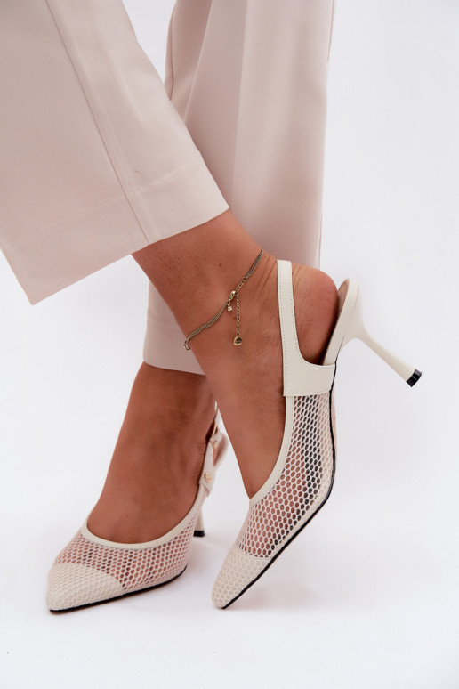 Leather Openwork Women's Heeled Sandals Pumps Maciejka K7507-22 Light Beige