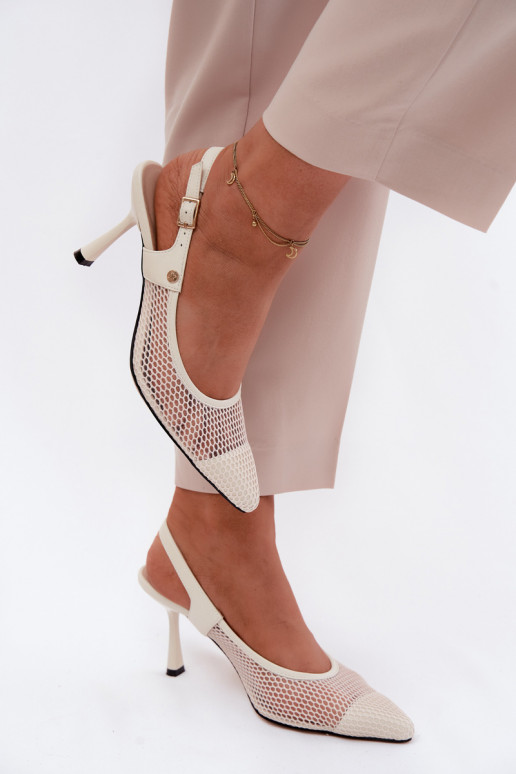 Leather Openwork Women's Heeled Sandals Pumps Maciejka K7507-22 Light Beige