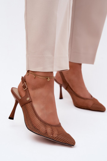 Leather Openwork Women's Sandals Pumps High Heels Maciejka K7507-29 Brown