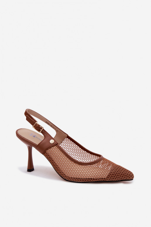 Brown leather women's sandals with thin heels Tai turiciejka K7507-29
