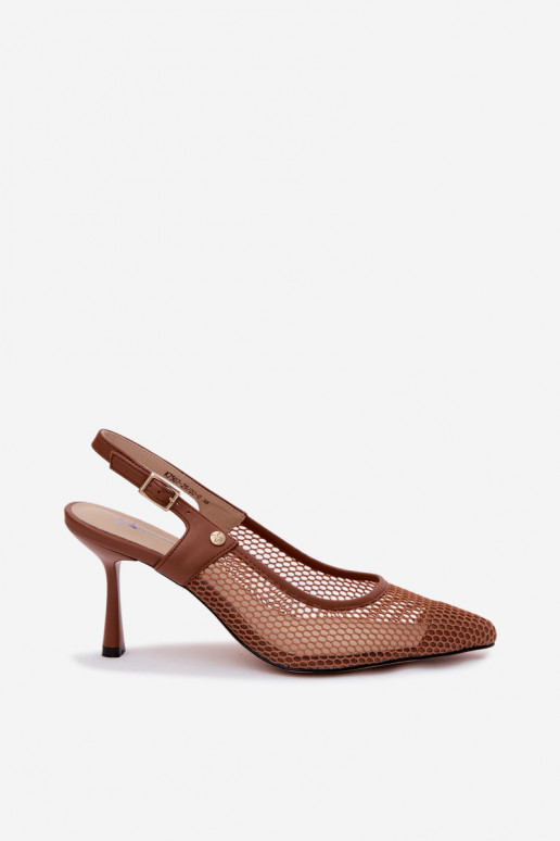 Brown leather women's sandals with thin heels Tai turiciejka K7507-29