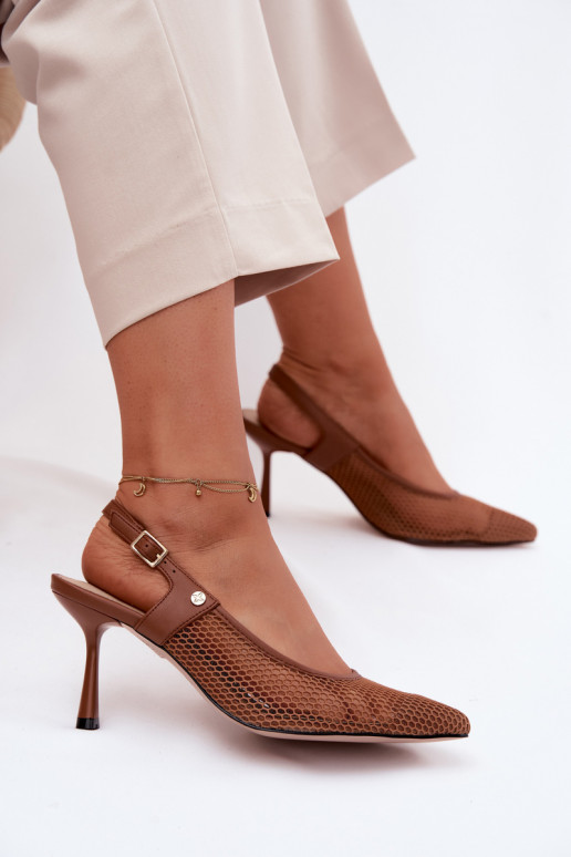 Brown leather women's sandals with thin heels Tai turiciejka K7507-29