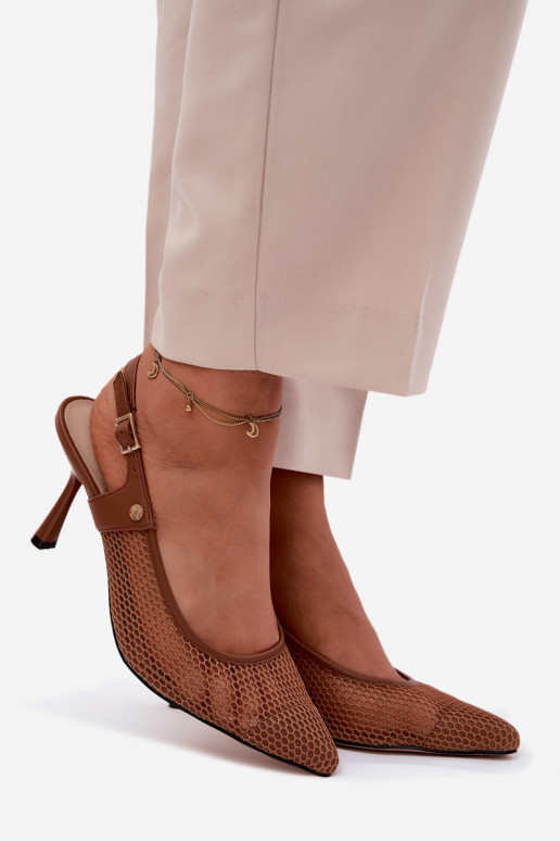 Leather Openwork Women's Sandals Pumps High Heels Maciejka K7507-29 Brown