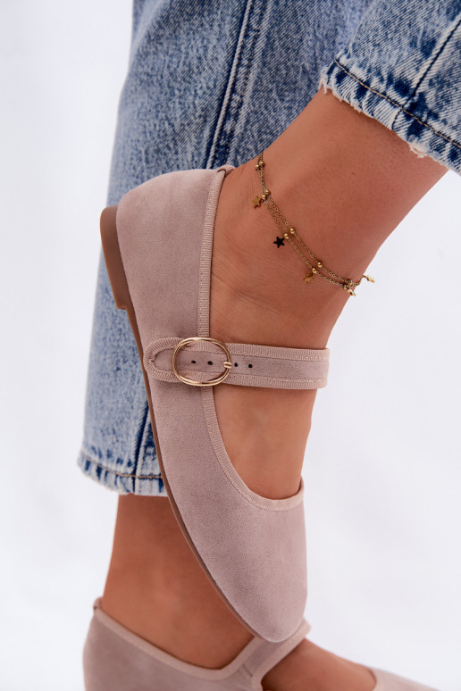 Beige Kelisa Ballet Flats With Strap And Gold Buckle
