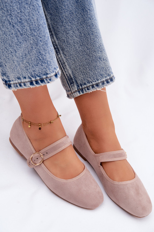 Beige Kelisa Ballet Flats With Strap And Gold Buckle