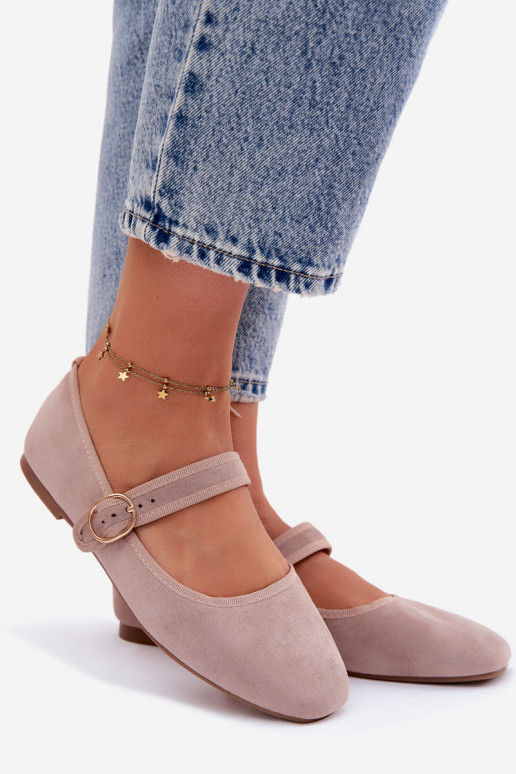 Beige Kelisa Ballet Flats With Strap And Gold Buckle