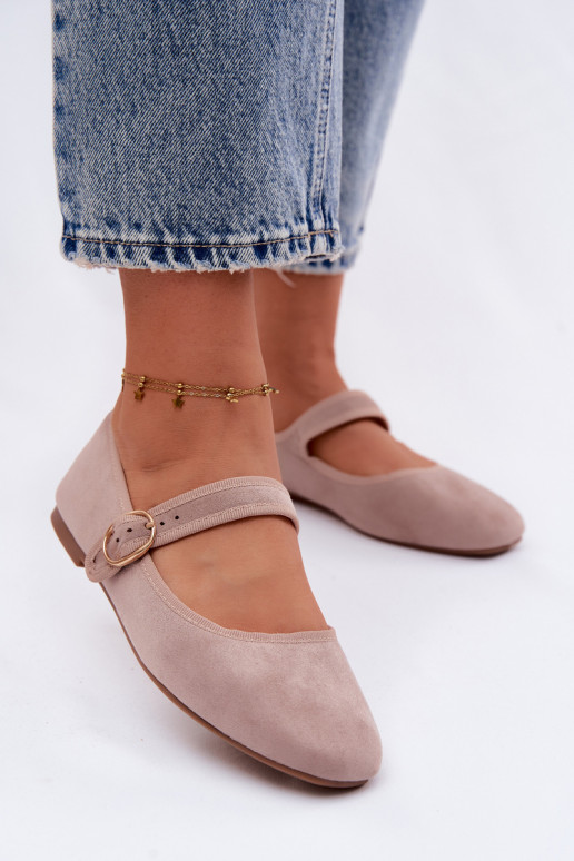 Beige Kelisa Ballet Flats With Strap And Gold Buckle