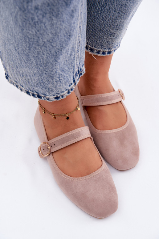 Beige Kelisa Ballet Flats With Strap And Gold Buckle