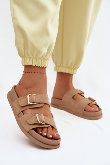 Women's Dark Beige Slides With Gold Buckles Pelorin 2
