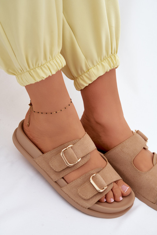 Women's Dark Beige Slides With Gold Buckles Pelorin