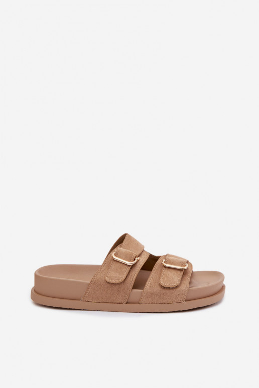 Women's Dark Beige Slides With Gold Buckles Pelorin