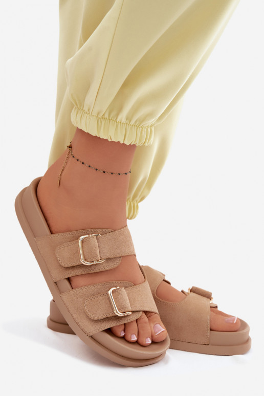 Women's Dark Beige Slides With Gold Buckles Pelorin