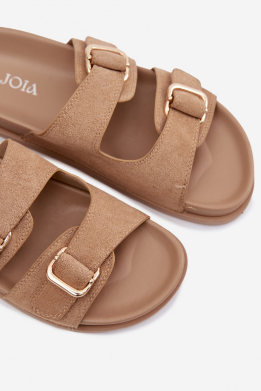 Women's Dark Beige Slides With Gold Buckles Pelorin