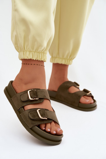 Klapki Damskie Ze Złotymi Klamrami Ciemnozielone Pelorin