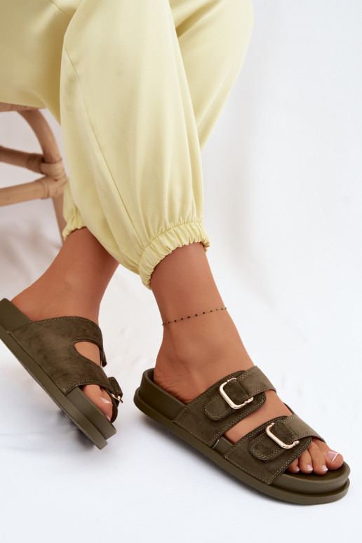 Women's Dark Green Flat Slides With Gold Buckles Pelorin