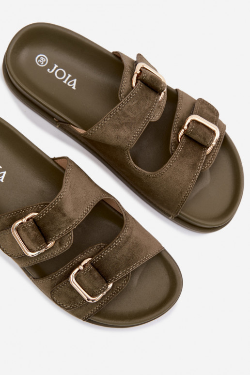 Women's Dark Green Flat Slides With Gold Buckles Pelorin