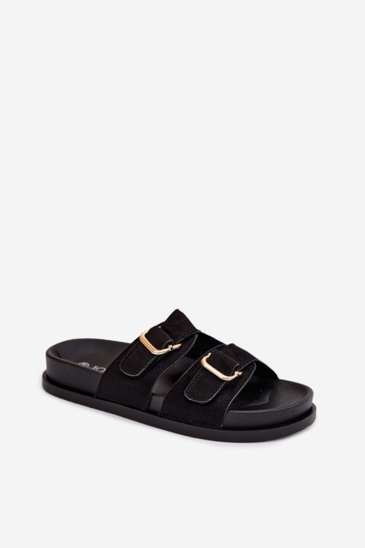 Women's Black Flat Slides With Gold Clamps Pelorin