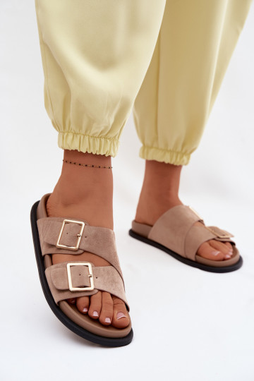 Women's Faux Suede Slides With Gold Buckles Dark Beige Selissea 2