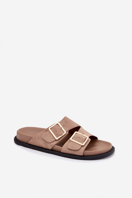 Sand faux suede slippers with golden buckles Selissea