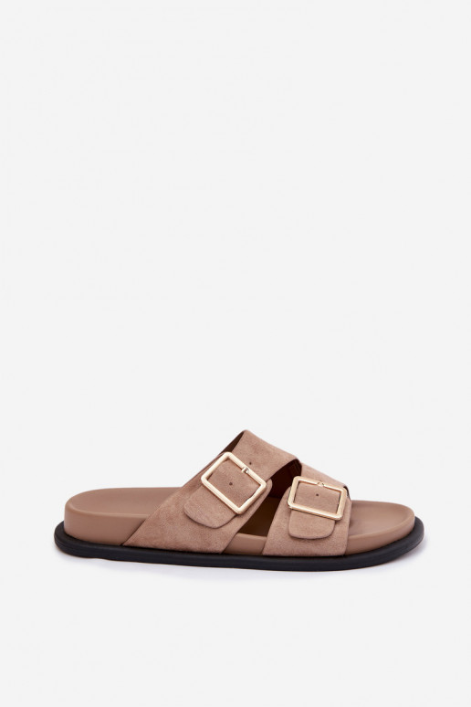 Women's Faux Suede Slides With Gold Buckles Dark Beige Selissea
