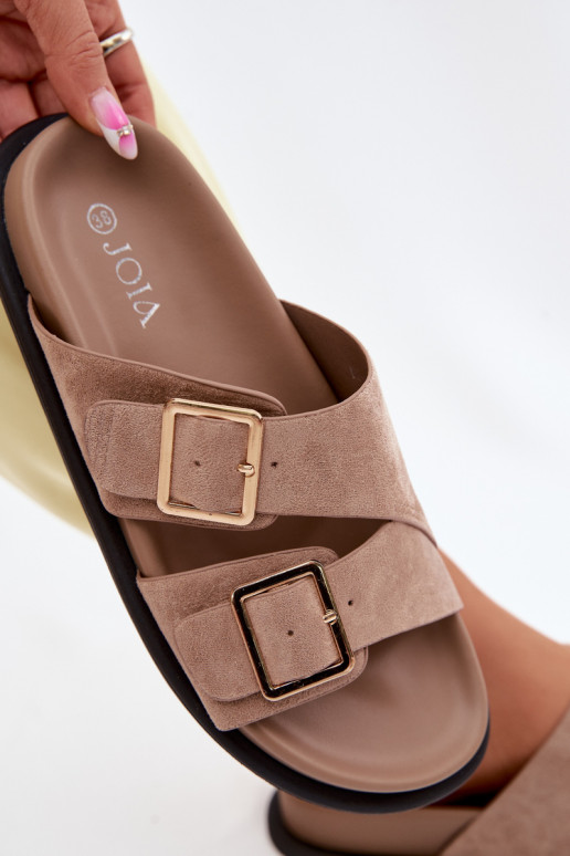 Women's Faux Suede Slides With Gold Buckles Dark Beige Selissea