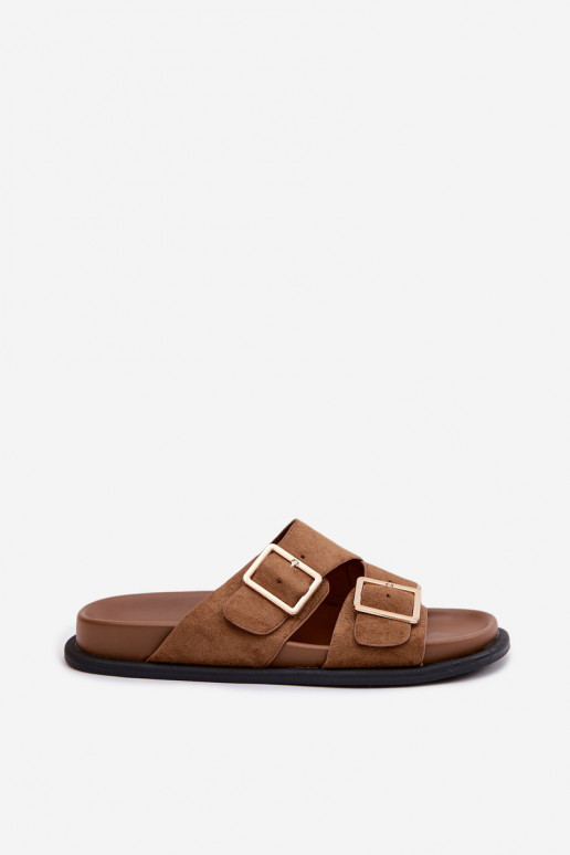 Women's Suede Imitation Slippers With Gold Buckles Camel Selissea