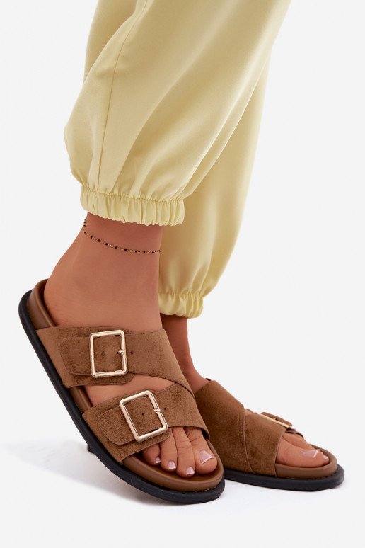Women's Suede Imitation Slippers With Gold Buckles Camel Selissea
