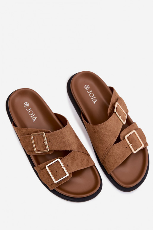 Women's Suede Imitation Slippers With Gold Buckles Camel Selissea