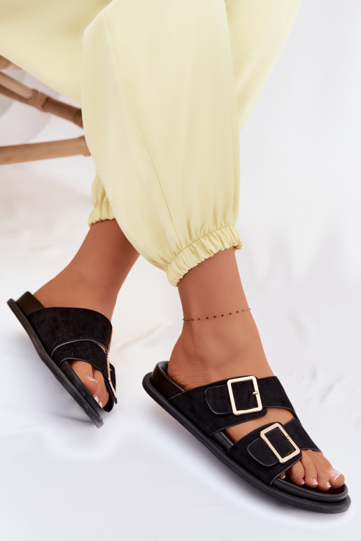Women's Faux Suede Slippers With Gold Buckles Black Selissea