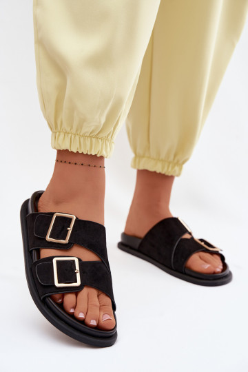 Women's Faux Suede Slippers With Gold Buckles Black Selissea 2
