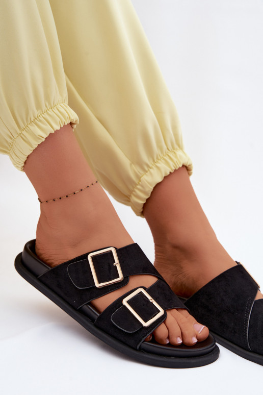 Women's Faux Suede Slippers With Gold Buckles Black Selissea