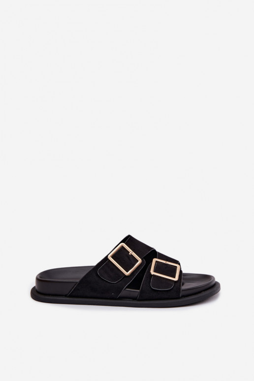 Women's Faux Suede Slippers With Gold Buckles Black Selissea